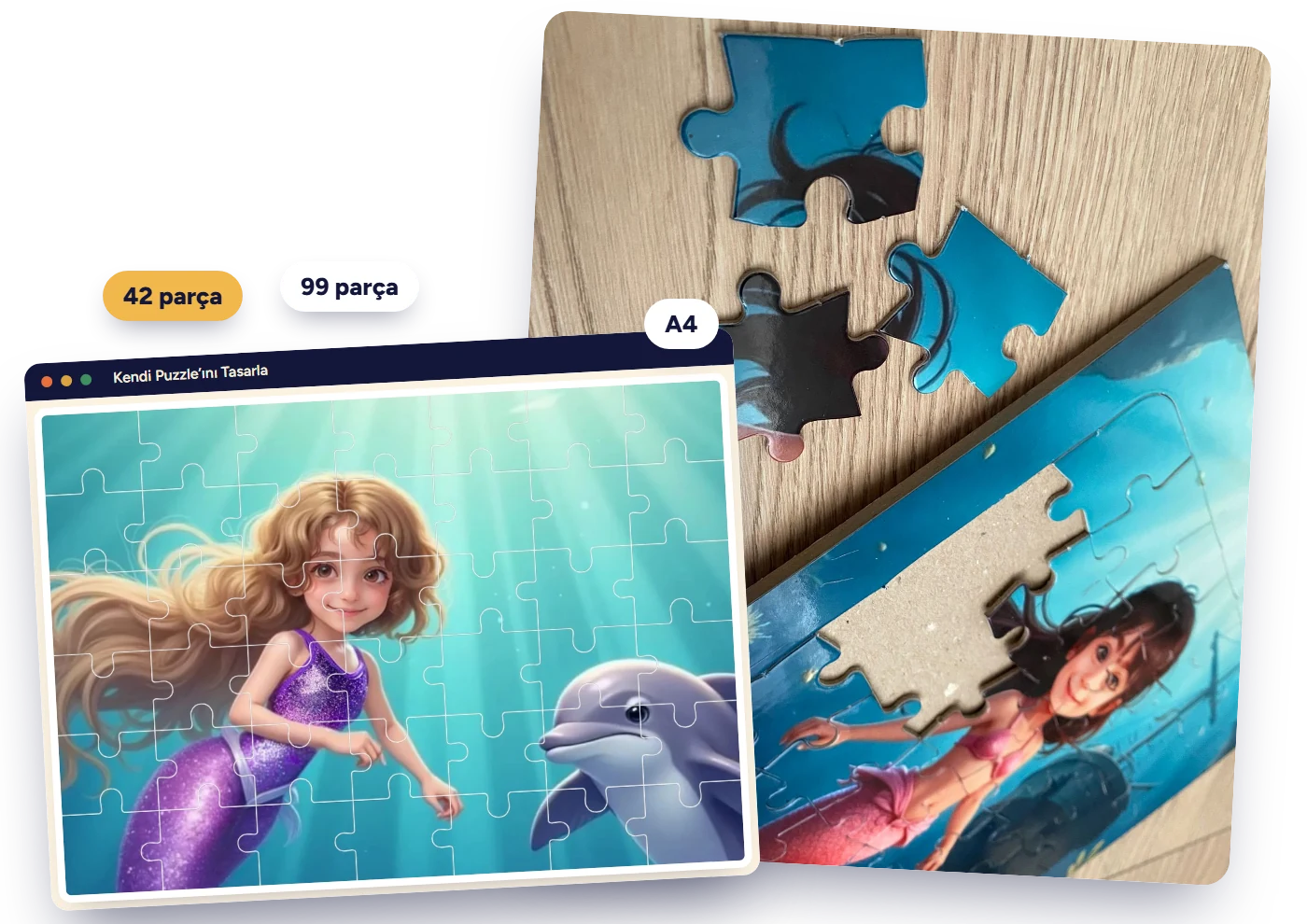 Puzzle editöründe parça çizgili önizleme ve basılmış A4 puzzle
