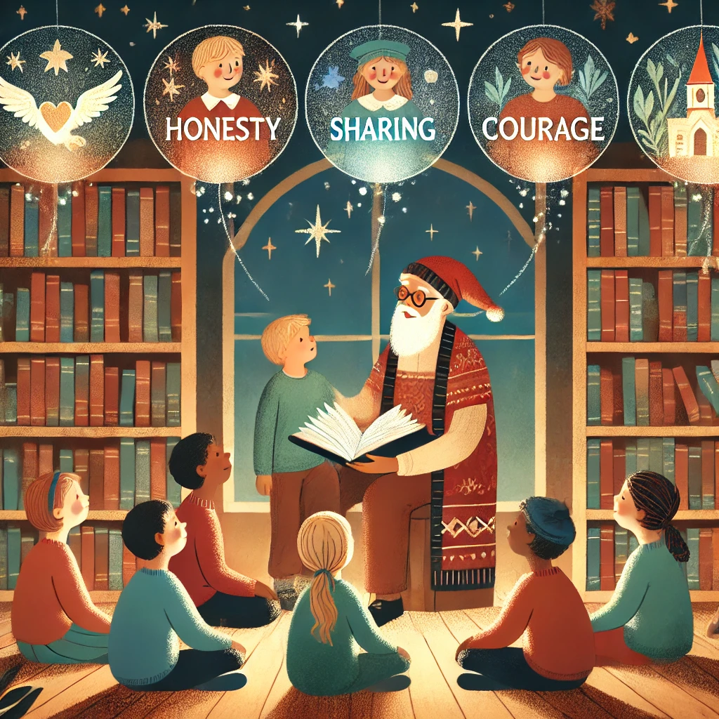 Bir anlatıcıdan masal dinleyen çocuklar, hikâyelerdeki karakterler aracılığıyla dürüstlük, paylaşma ve cesaret gibi değerleri öğreniyor.