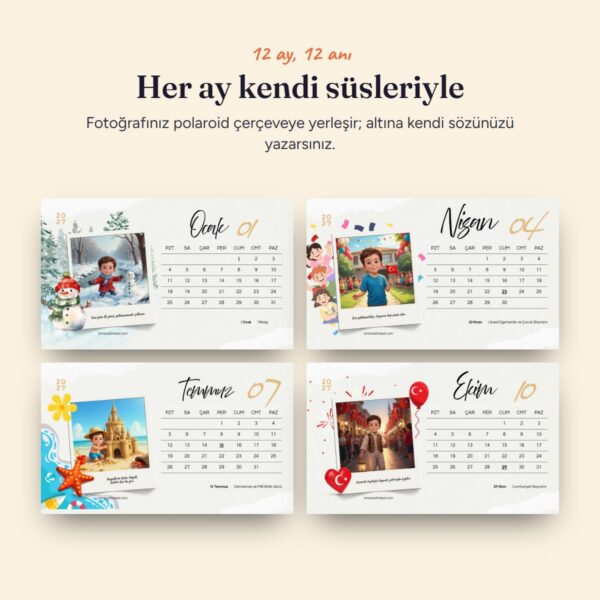 Masa takviminin ay sayfaları: polaroid fotoğraf, söz ve takvim
