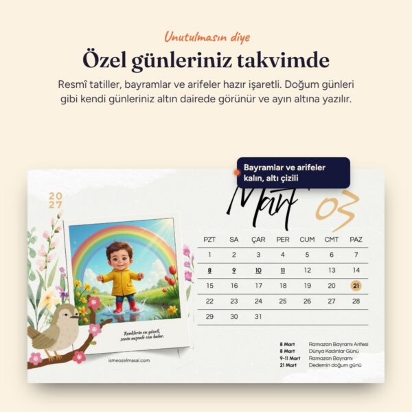 Resmî tatiller ve özel günler işaretli takvim sayfası